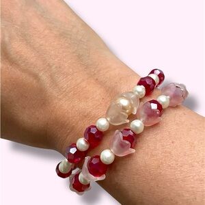 Bundle of 2 Elegant Red and White Recycled Beaded Bracelet